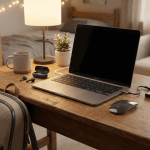 Complete college tech setup including laptop, earbuds, charger, and backpack on a dorm desk
