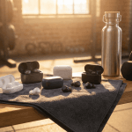 Wireless earbuds laid out on a gym towel next to a water bottle and dumbbells