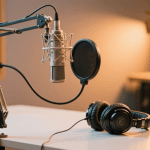 USB and XLR microphones arranged on a podcasting desk with pop filters and boom arms