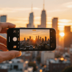 Top camera phones lined up with sample landscape and portrait photos displayed behind them