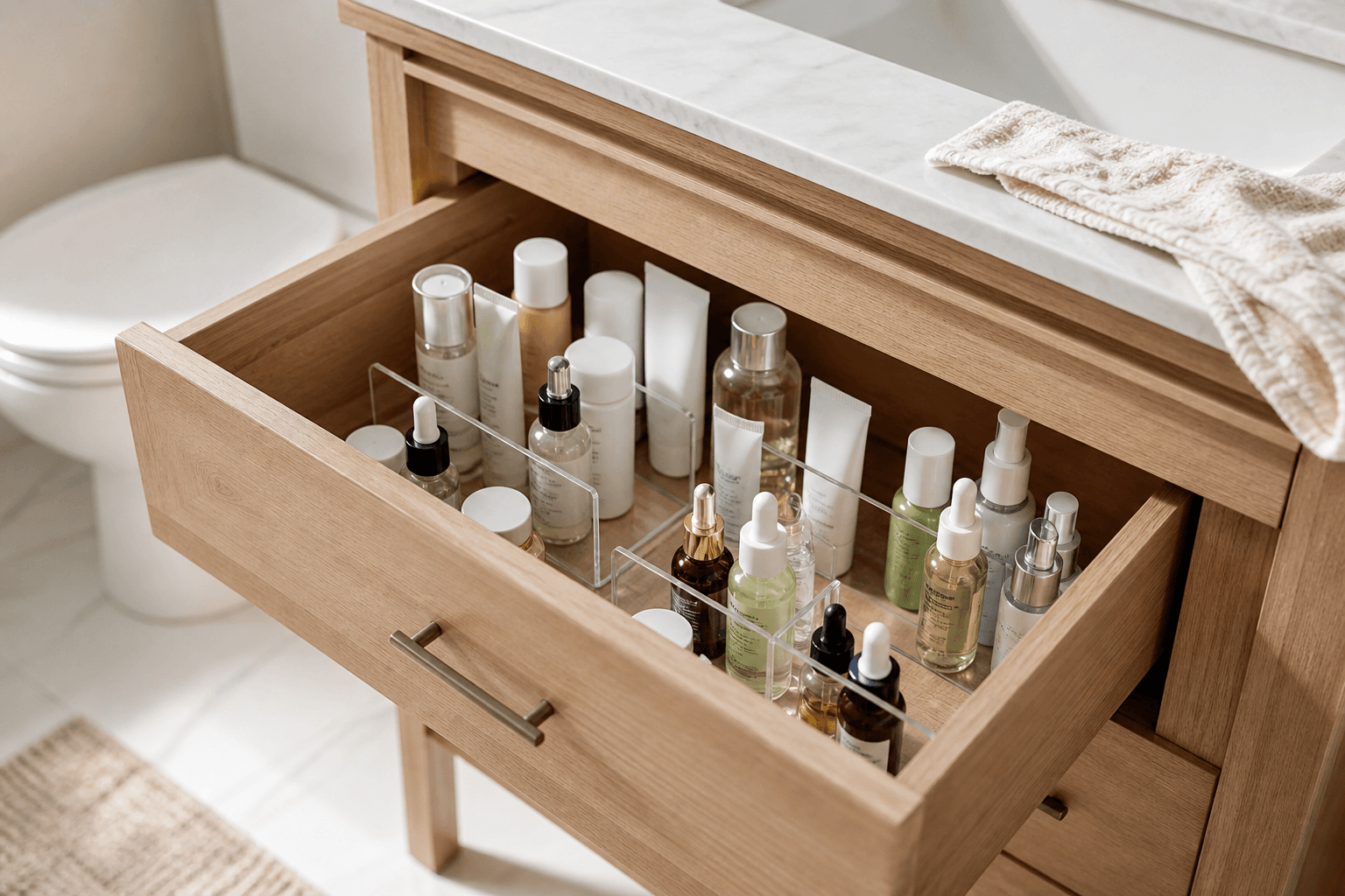 Acrylic bookends holding skincare bottles upright in a bathroom drawer