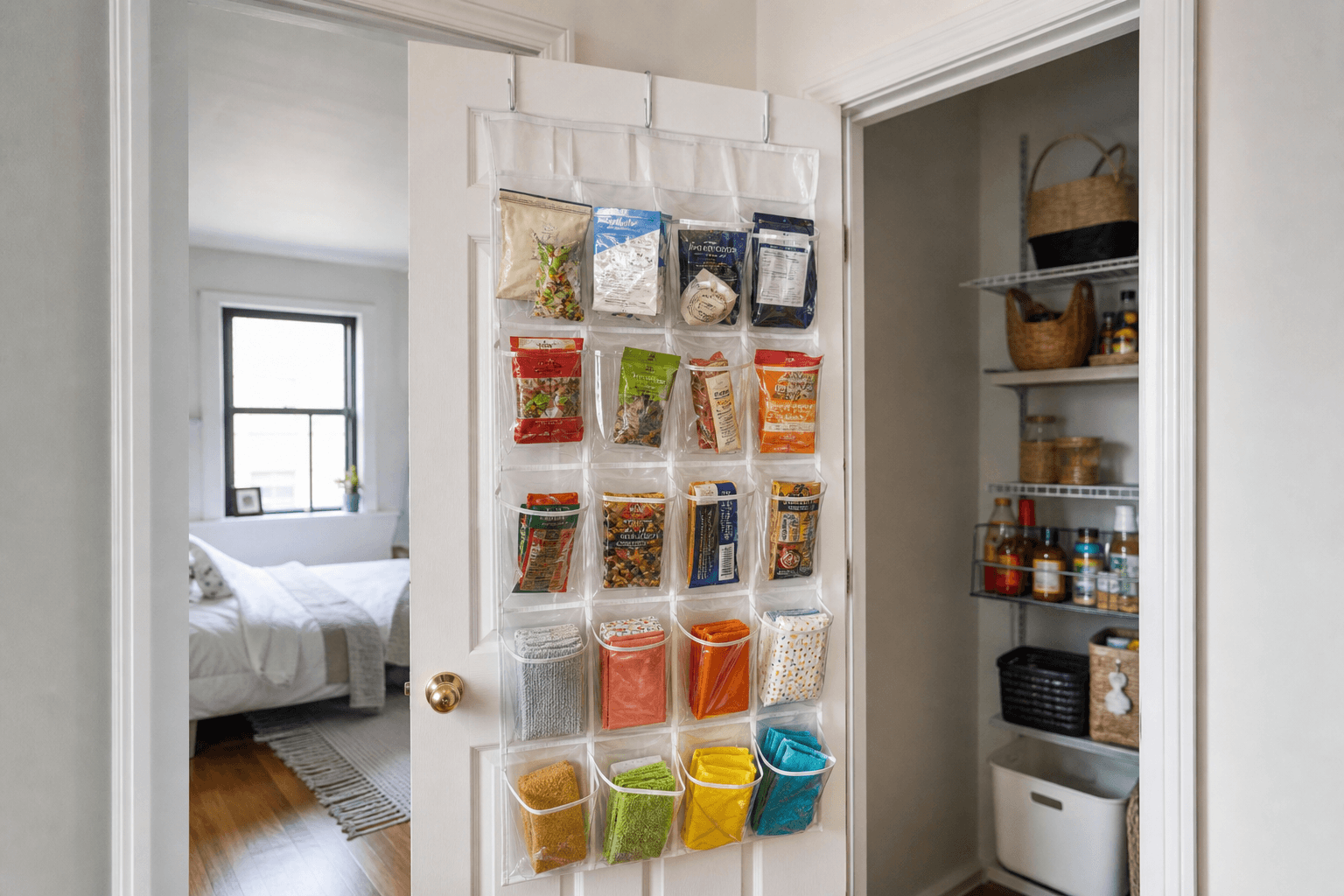 Over-door organizer used for pantry overflow