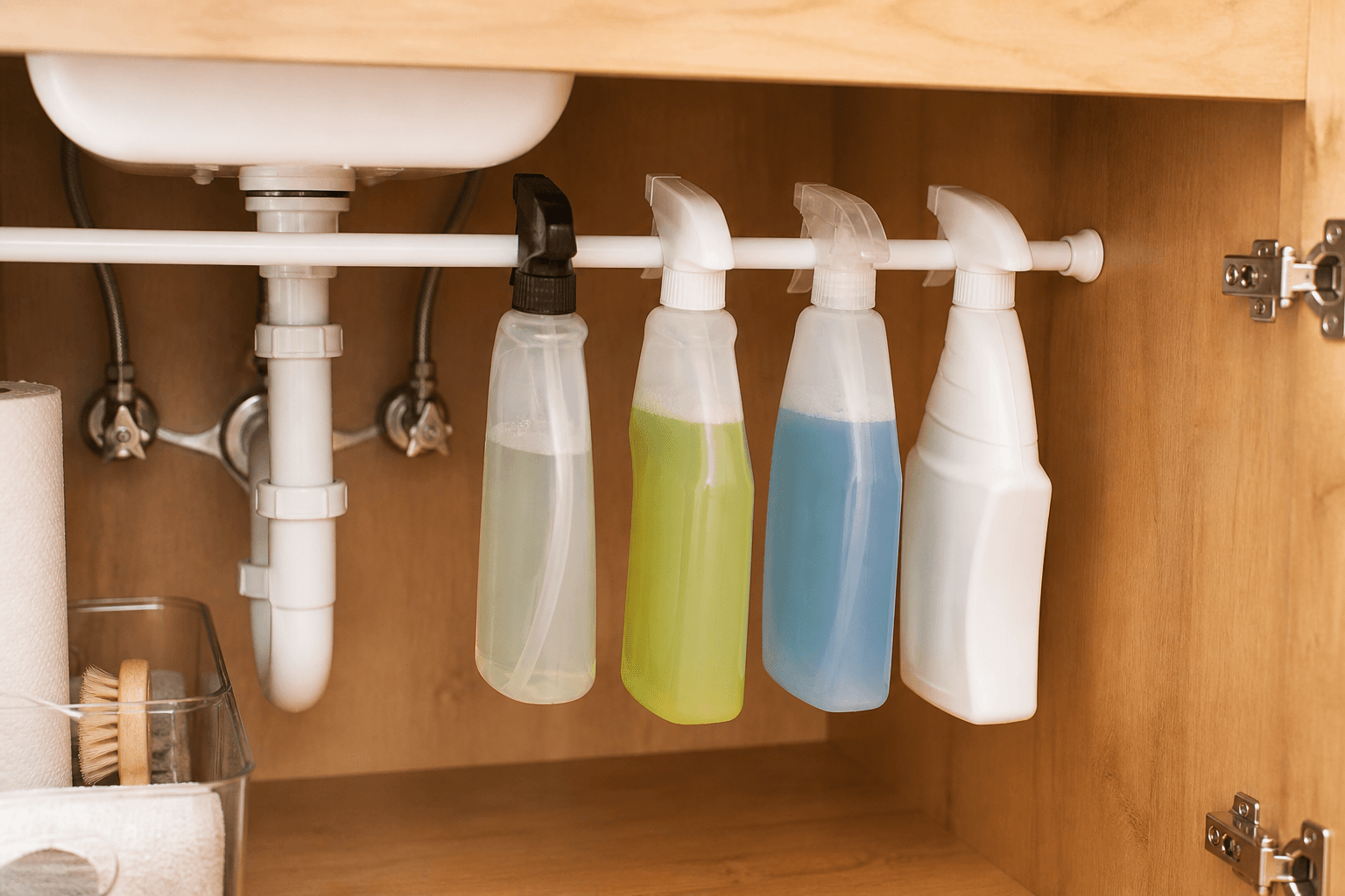 Tension rod holding spray bottles under a sink