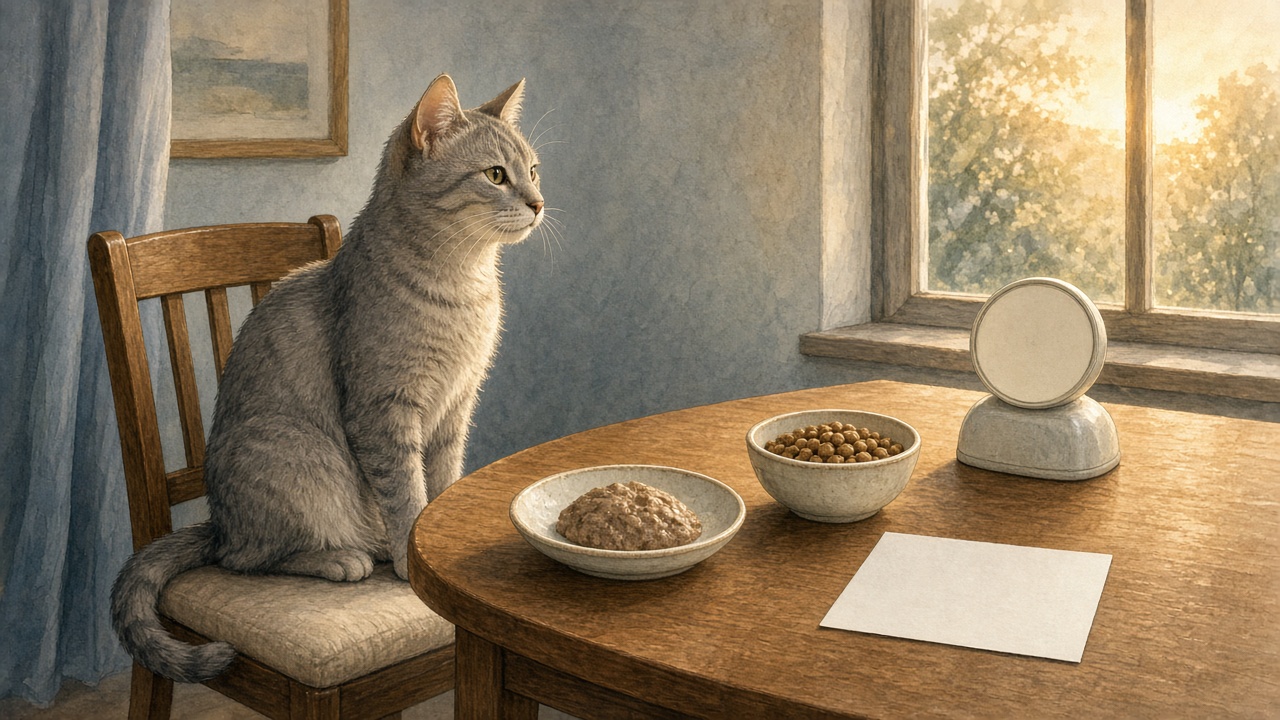 AI-generated editorial illustration of an older cat beside measured wet and dry food portions; not a feeding trial